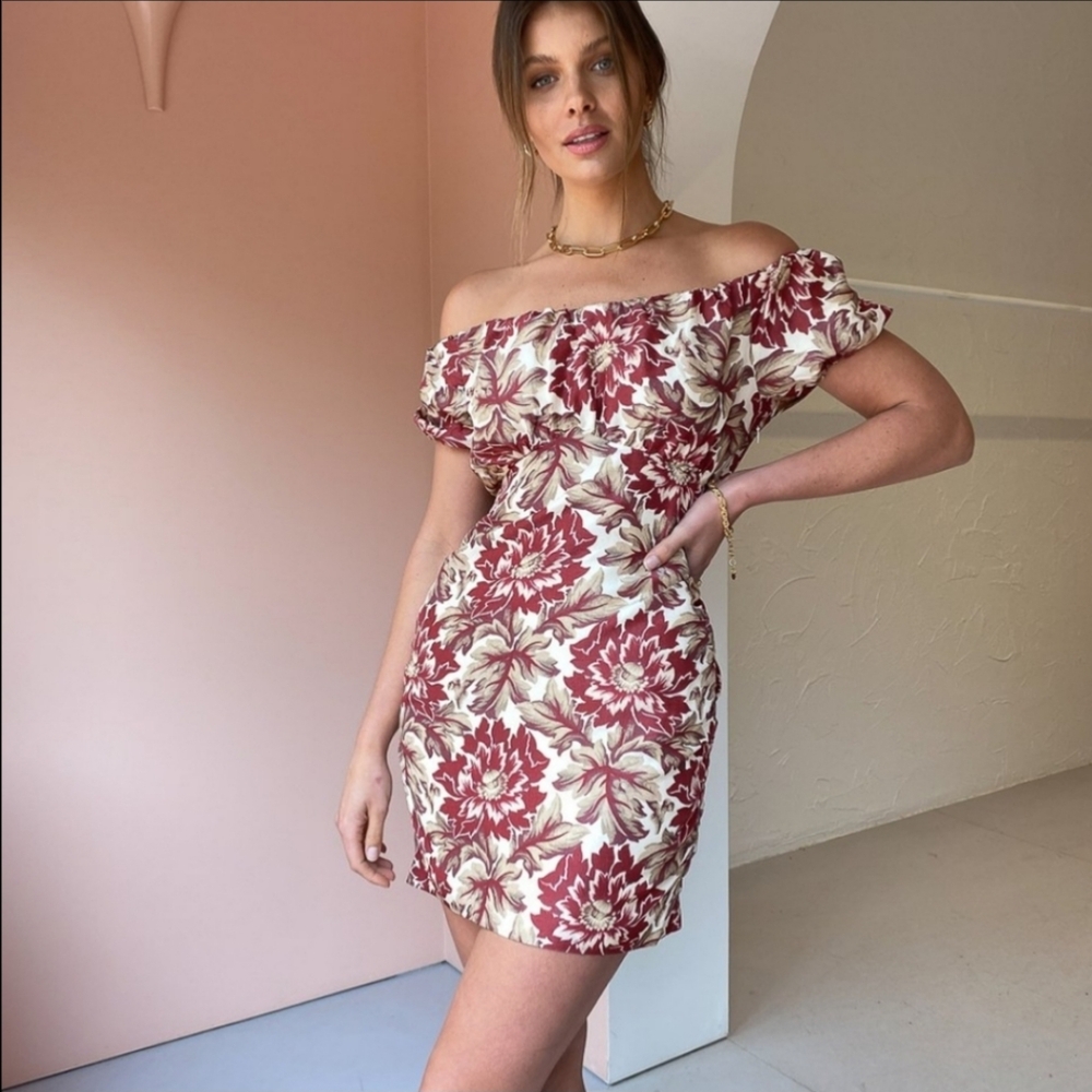 SIR the label Off-Shoulder Mini Dress in Burgundy and Cream Floral